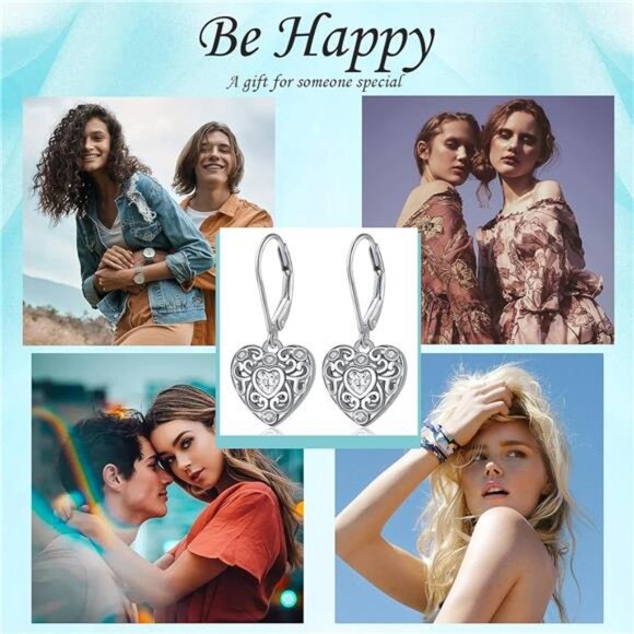 S925 Sterling Silver Heart Dangle Drop Leverback Clasp Lever back Earring - Picture 4 of 16